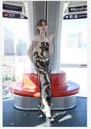 Lexi Love wearing a Queen of the Night Lace Maxi Dress from SCATHED's SS25 Gothic Garden collection during a photo shoot in Las Vegas.