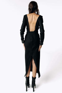Back view of Eliza wearing the Mors Black Cotton Dress with a deep open back to the waistline from SCATHED's Fall Winter 2025 Reaper collection.