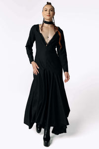 Frontal view of Caitlin facing camera while wearing the Nox Black Cotton Skeleton Dress from SCATHED's Fall Winter 2025 Reaper collection.