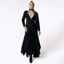 Frontal view of Caitlin facing camera while wearing the Nox Black Cotton Skeleton Dress from SCATHED's Fall Winter 2025 Reaper collection.