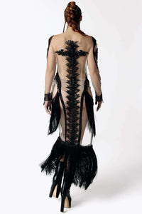 Psychopomp Hand Beaded Sheer Fringe Maxi Dress