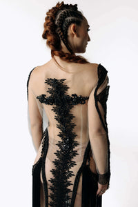 Psychopomp Hand Beaded Sheer Fringe Maxi Dress