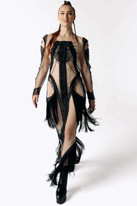 Psychopomp Hand Beaded Sheer Fringe Maxi Dress