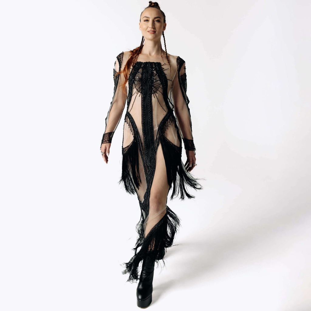 Psychopomp Hand Beaded Sheer Fringe Maxi Dress