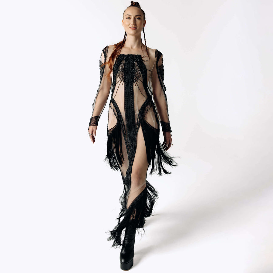 Psychopomp Hand Beaded Sheer Fringe Maxi Dress