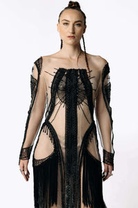 Psychopomp Hand Beaded Sheer Fringe Maxi Dress