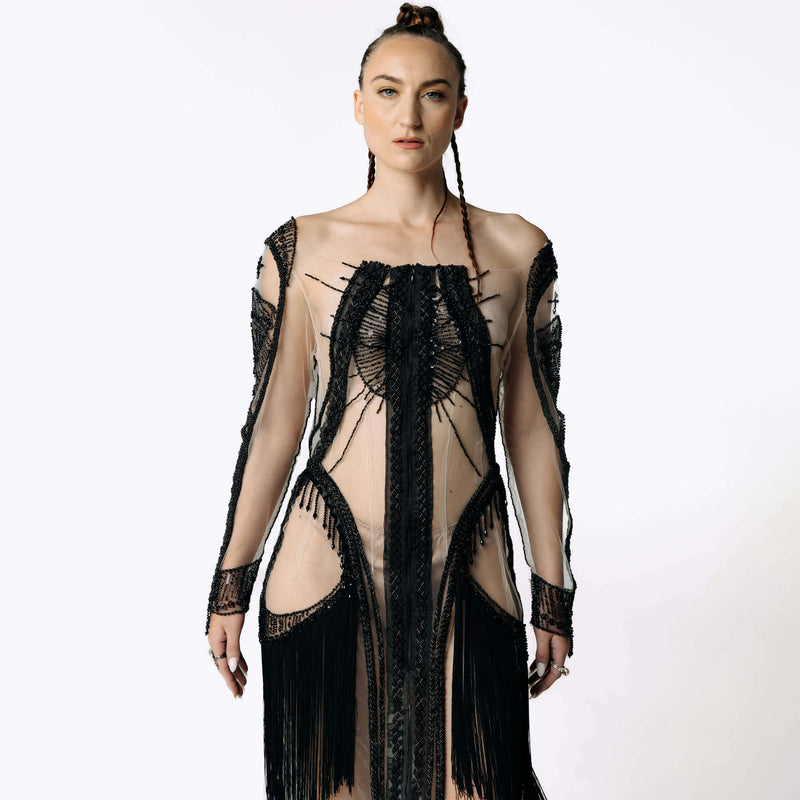 Psychopomp Hand Beaded Sheer Fringe Maxi Dress