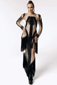 Psychopomp Hand Beaded Sheer Fringe Maxi Dress