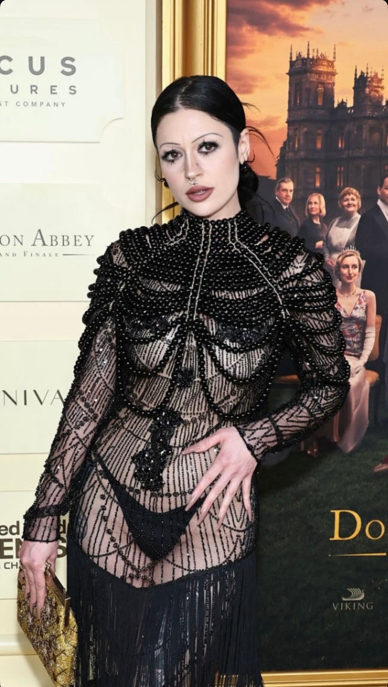 Samantha Lubrano wears the Morta Beaded Gown for SCATHED's F/W25 Reaper Collection to the Downtown Abbey premiere event. 