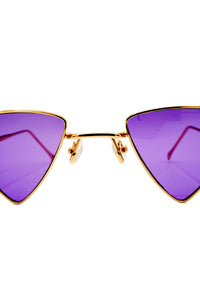 Vex purple gold-framed triangular sunglasses with black lenses from SCATHED's Fall Winter 2025 Reaper collection.