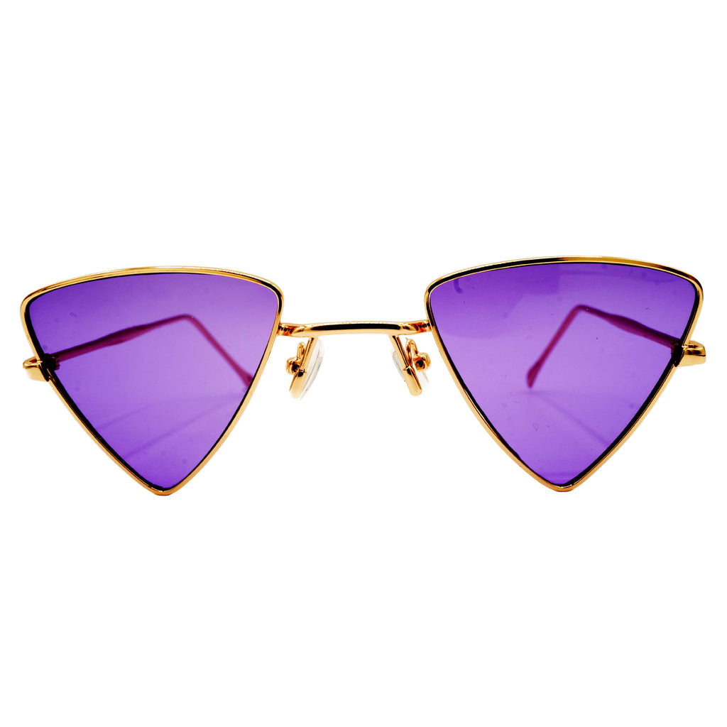 Vex purple gold-framed triangular sunglasses with black lenses from SCATHED's Fall Winter 2025 Reaper collection.