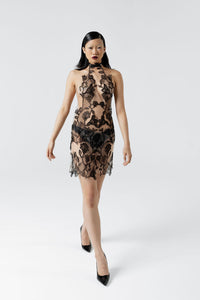 Sable Bloom Beaded Lace Mini Dress