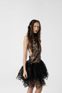 Fallen Goddess Black Lace Halter Mini Dress
