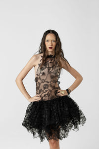 Fallen Goddess Black Lace Halter Mini Dress