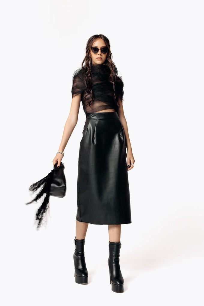 Ankou Cactus Leather High Waisted Midi Skirt