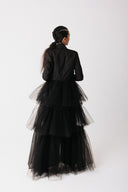 Back view of The Boleyn Jacket showing the tiered eco-tulle train in full length