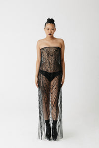 The Razia Gown in fully beaded sheer chevron pattern, front view, floor length corset gown