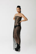 The Razia Gown in fully beaded sheer chevron pattern, side view, floor length corset gown