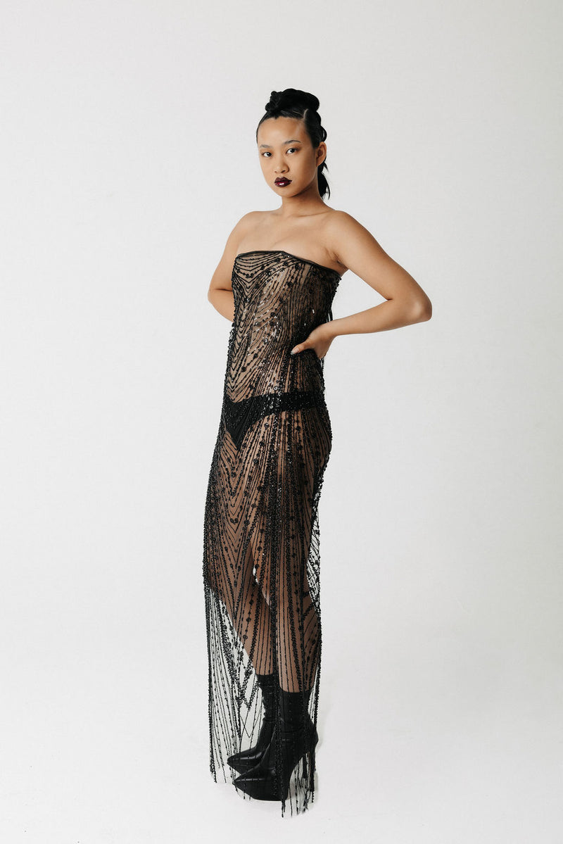The Razia Gown in fully beaded sheer chevron pattern, side view, floor length corset gown