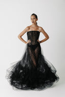The Hatshepsut Gown front view, strapless beaded chevron corset bodice with sheer tulle cape overlay