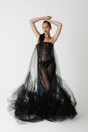 The Hatshepsut Gown front view, strapless beaded chevron corset bodice with sheer tulle cape overlay