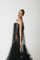 The Hatshepsut Gown side view, strapless sweetheart back with tulle cape cascading down and gathering at the floor close up