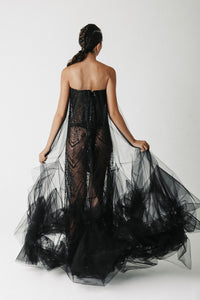 The Hatshepsut Gown back view, strapless sweetheart back with tulle cape cascading down and gathering at the floor