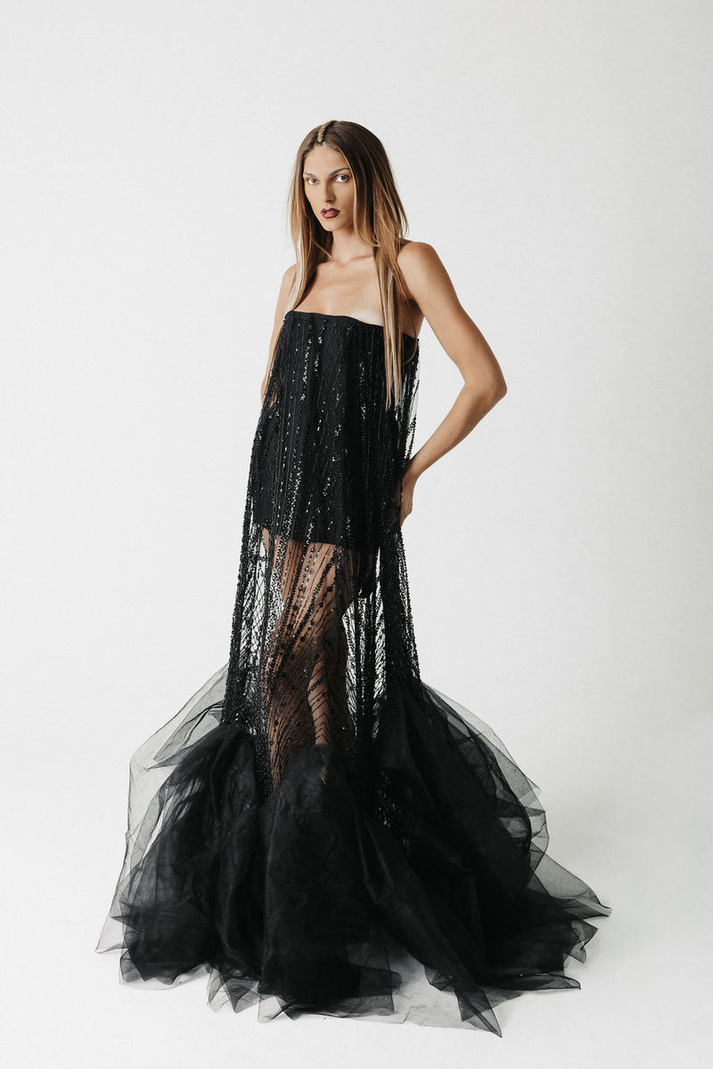 The Sunanda Gown: Beaded Overlay Corset Gown with Eco Tulle Hem